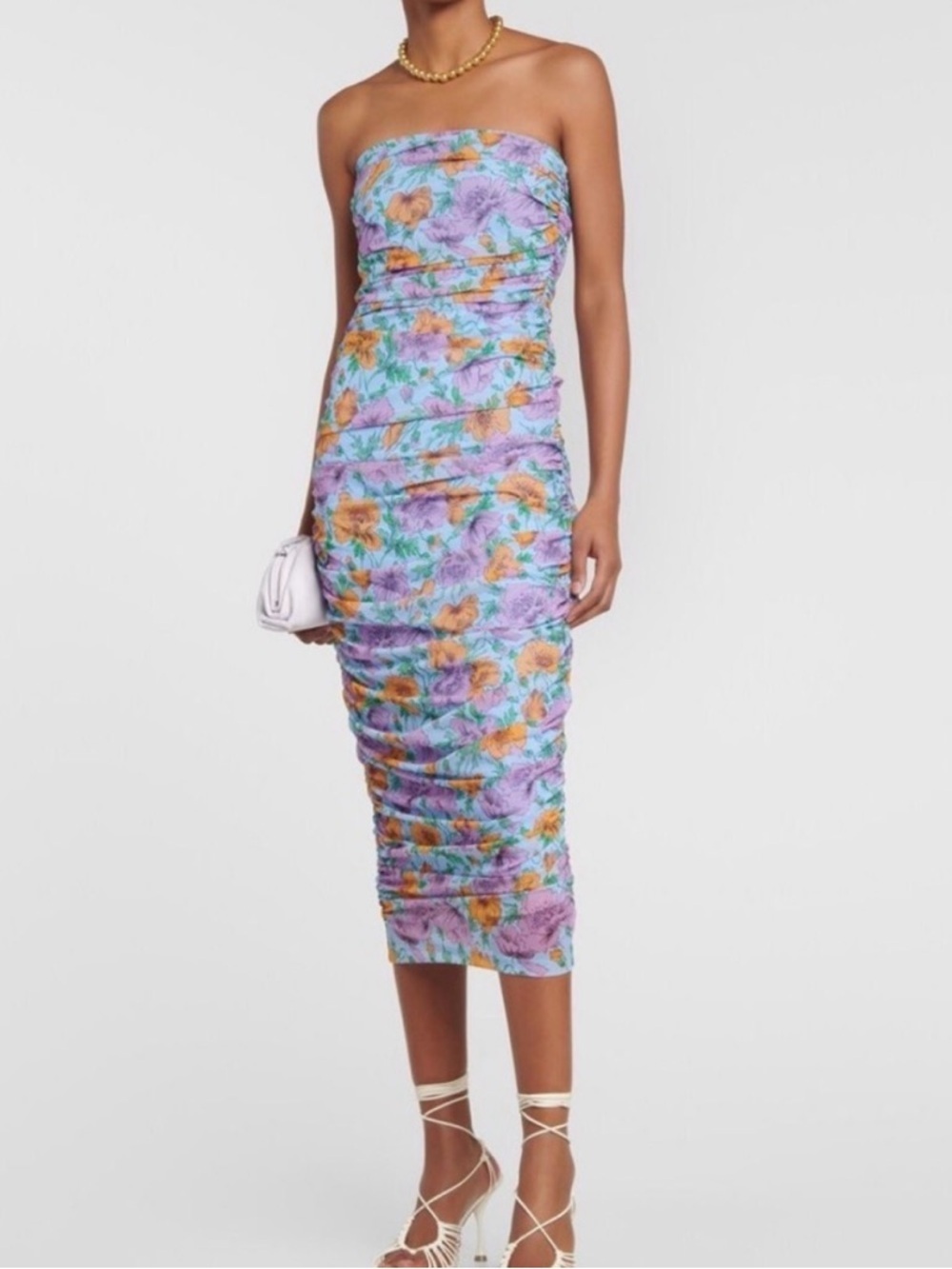 Veronica Beard Lavender Strapless Floral Ruched Midi Dress